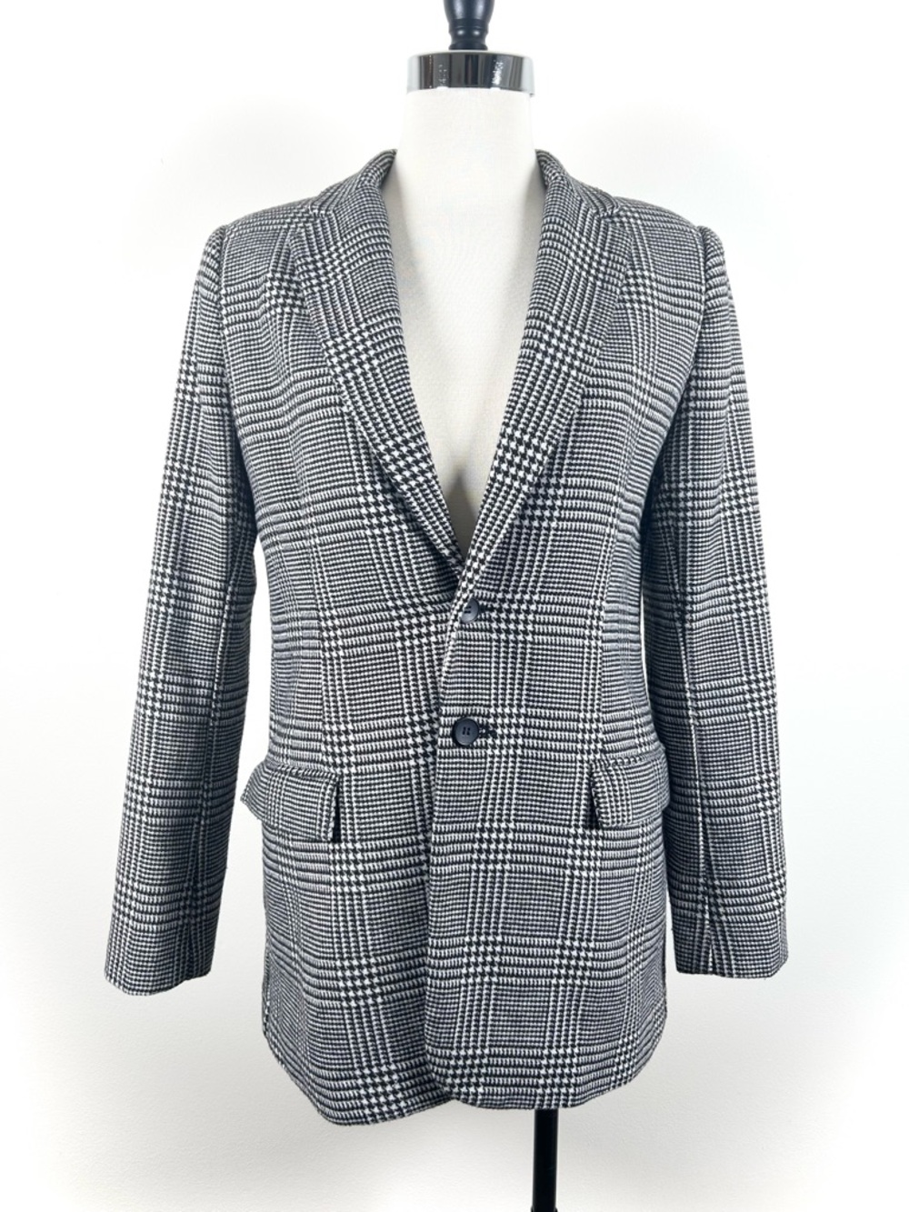 Current Elliot Plaid Blazer Women's Medium Houndstooth Black White Wool Blend
